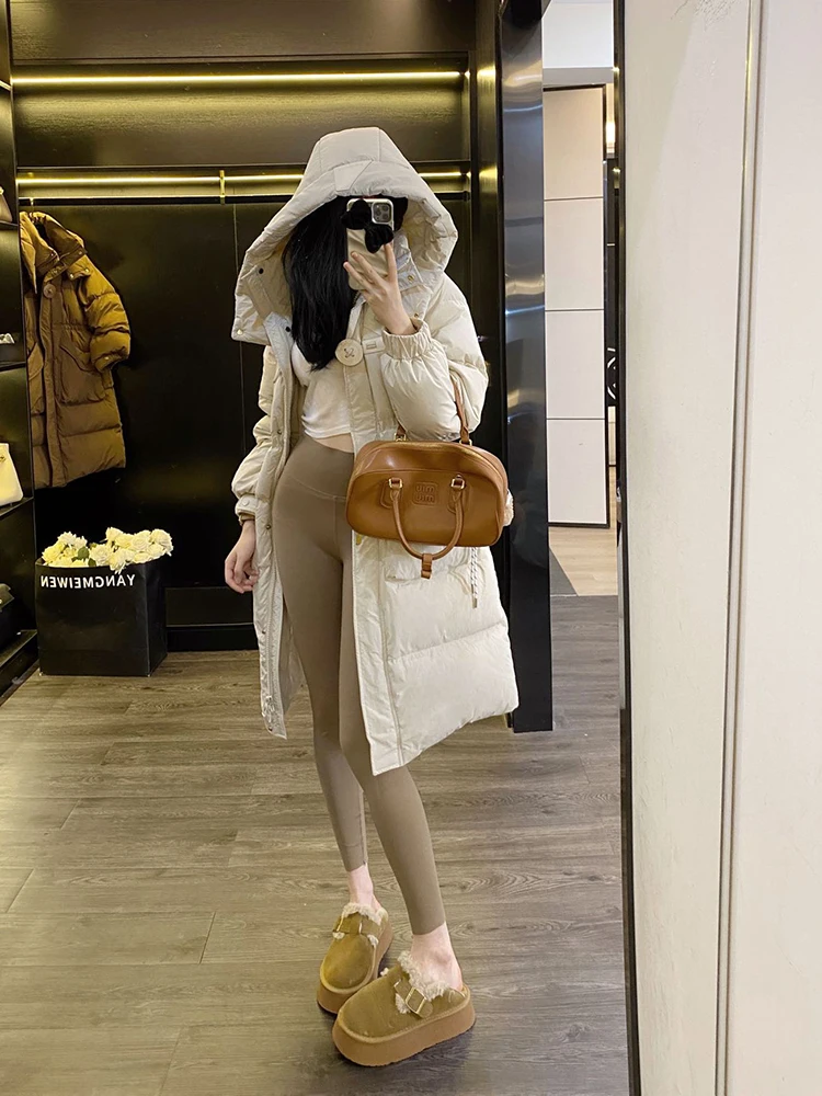 겨울 중간 길이 탈부착 후드 다운 재킷 여성 화이트 덕 다운 파카 다운 재킷 여성 큰 포켓 다용도 따뜻한 아우터