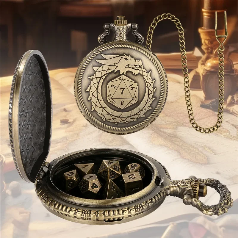 

Bronze 7pcs Metal Polyhedral Dice Role Play Gaming Dices with Cool Dragon Pocket Watch Case Pendant FOB Chain Game Accessory