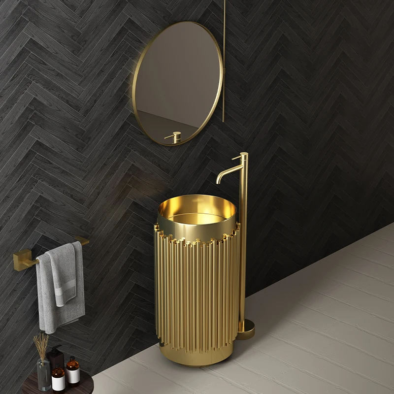 Internet Celebrity Stainless Steel Column Basin Bar Hotel Bathroom Floor-to-ceiling Washbasin Art Design Bath Basin Sink