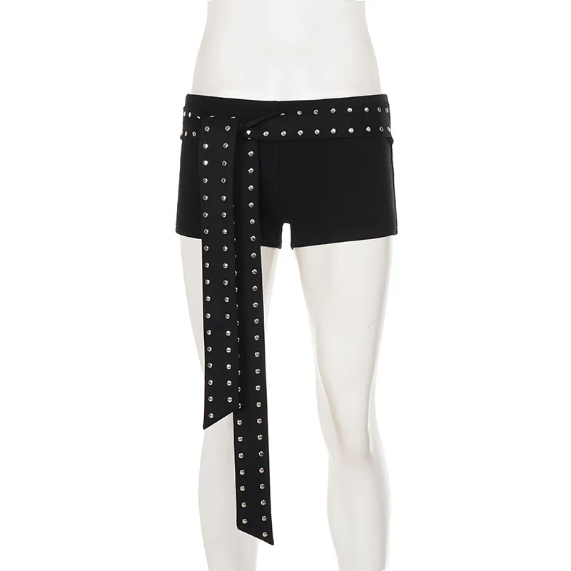 street punk style rivet decoration strap design low waisted fashion and casual spicy girls shorts for women
