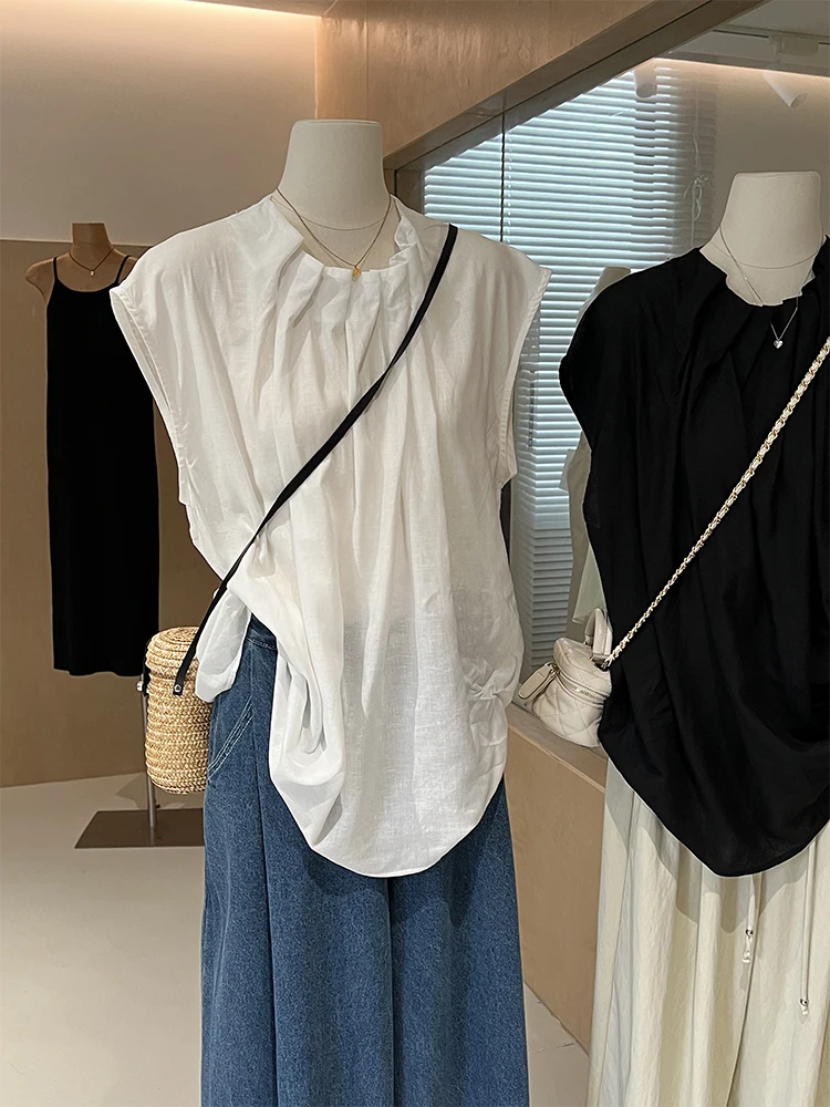 

Французская свободная блузка из хлопка и льна для женщин, летняя, тонкая, с отложным воротником, модный волнистый дизайн, топ