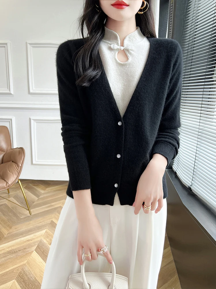 100%Pure Wool Coil Buckle Sweater Women Stand Collar Knit Pullover Casual Retro Fake Two Pieces Blouse New Large Size Base Shirt