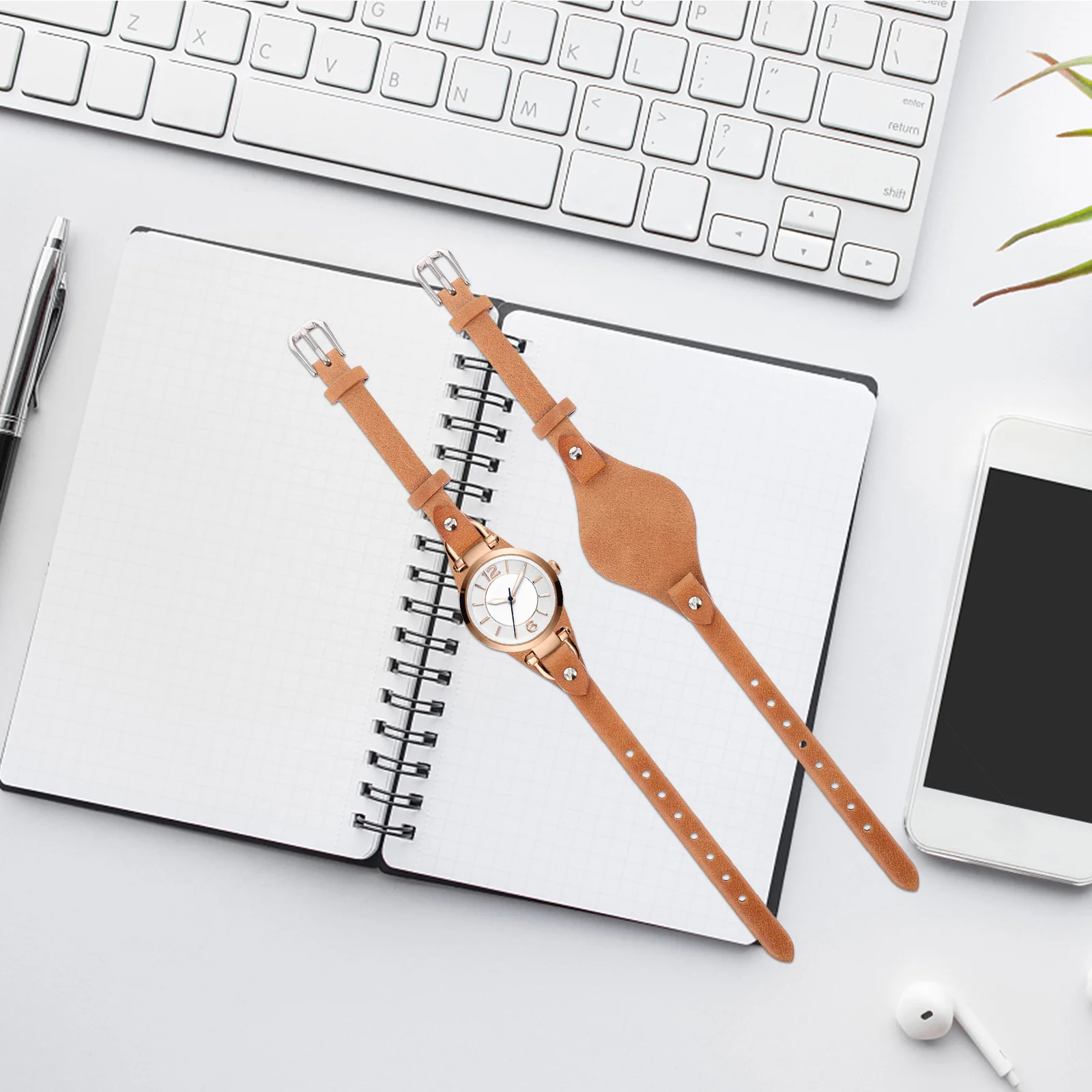 여성용 가죽 시계줄, 라이트 브라운 송아지 가죽 시계줄, 휴대폰 액세서리