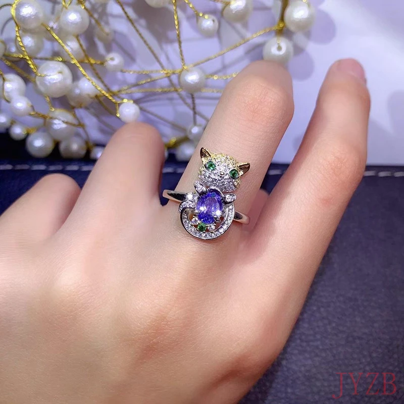 925スターリングシルバージェムストーンリング,100% 天然タンザナイト,かわいい子猫,6x8mm