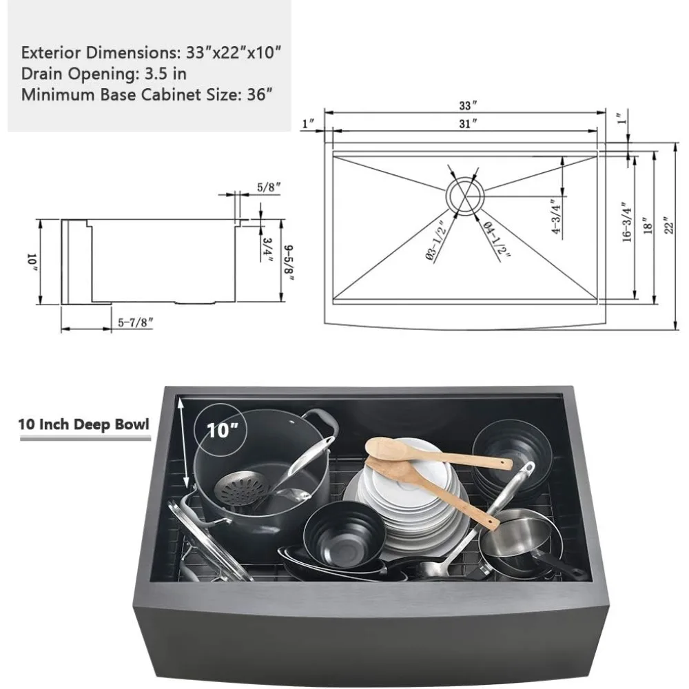 33x22 Inch Kitchen Sink with Cutting Board, Stainless Steel Apron Front Farmhouse Sinks, 16 Gauge Deep Kitchen Single Bowl Sink