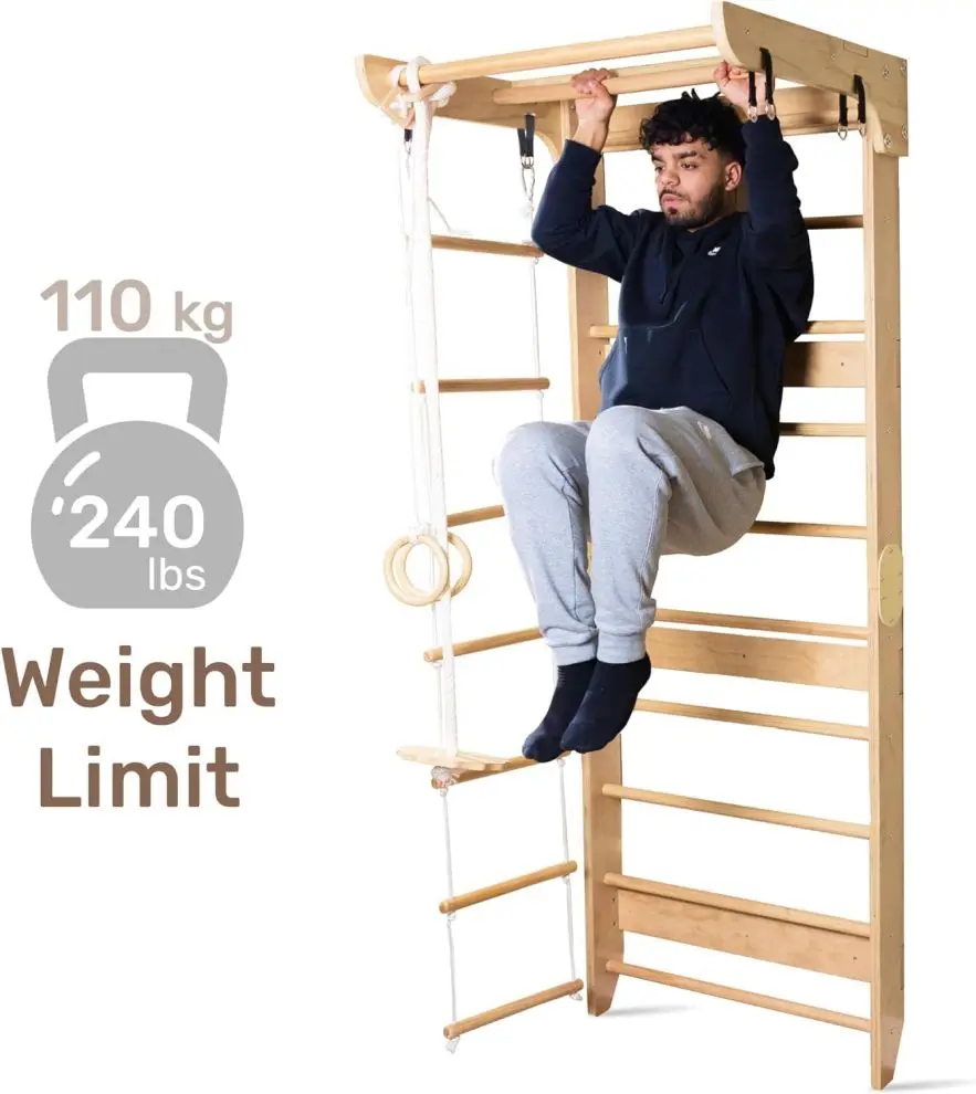 إطار تسلق الجدار السويدي من WoodVille - مجموعة صالة الألعاب الرياضية متعددة الوظائف للأطفال مع جدار صخري وسلم حبل (العمر 3-12، EN71/ASTM معتمدة