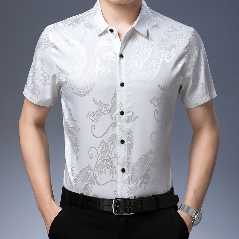 Dragon Totem Jacquard Silky Shirts For Men Short Sleeve Coolness Summer High Quality Soft Comfortable Anti-Wrinkle Chemise Homme