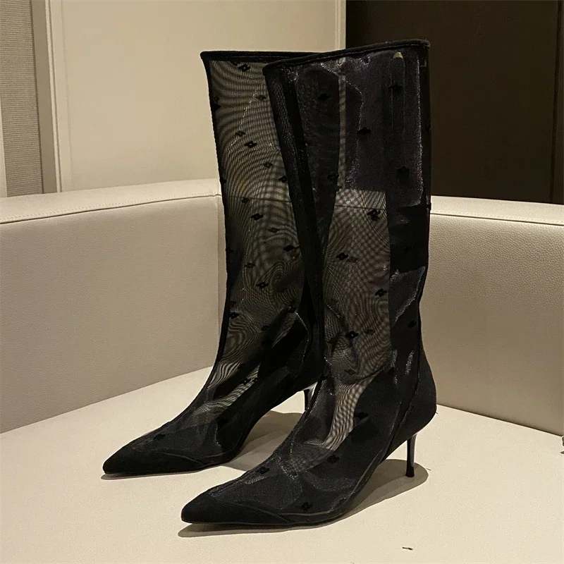 Eilyken Sexy Mesh Women Knee-High Boots Thin Heels Pointed Toe Fashion Zipper Sandals Shoes Zapatillas De Mujer