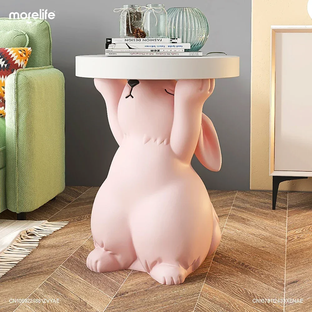 Rabbit Statue Sculptures Round Side Tables Living Room Sofa Corner Table Resin Round Nightstands Art Gift Home Decor Furniture