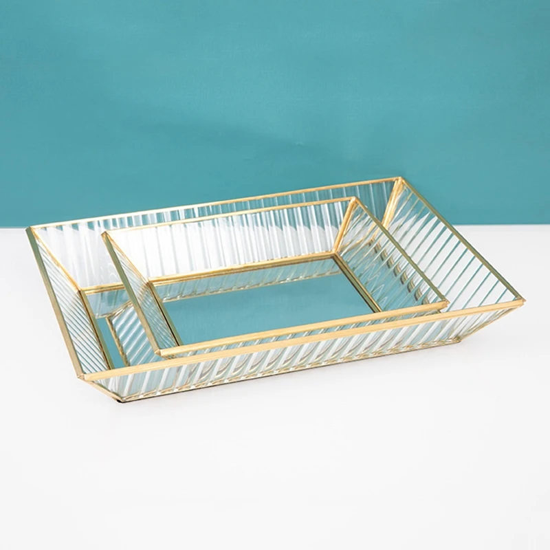 Mirrored Glass Makeup Tray Vintage Gold Metal Decorative Jewelry Tray Vanity Cosmetic Perfume Organizer For Dresser