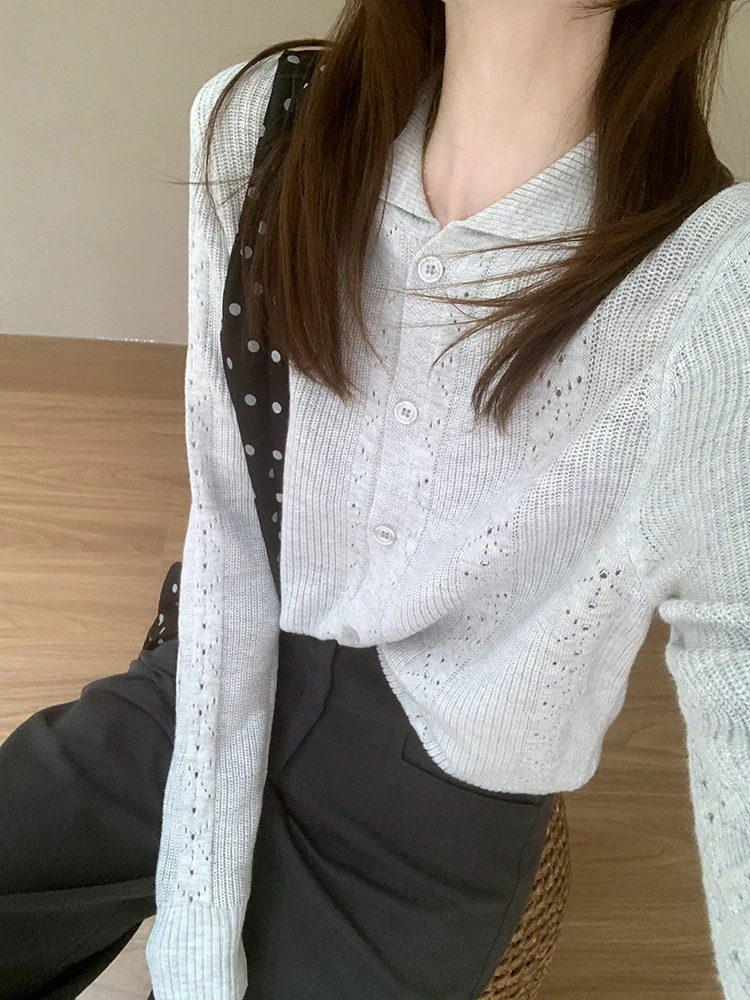 

Дышащий вязаный свитер на пуговицах свободного кроя в элегантном стиле, из мягкой ткани, с длинным рукавом, повседневный, универсальный, летний, новинка