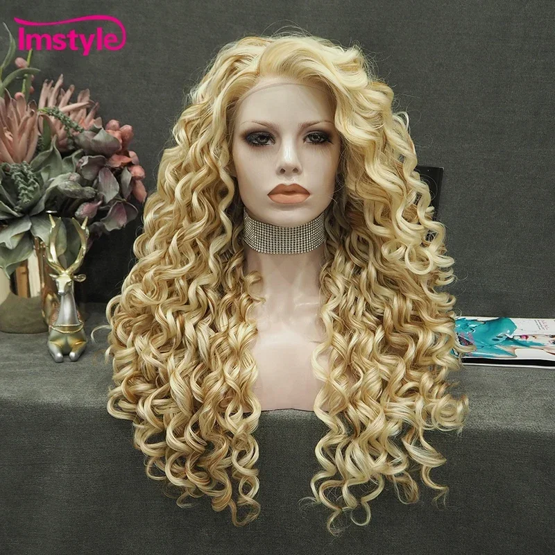 Imstyle Synthetic Lace Front Wig Blonde Golden Mixed Lace Wig Curly Heat Resistant Fiber Long Wigs For Women Cosplay Wig