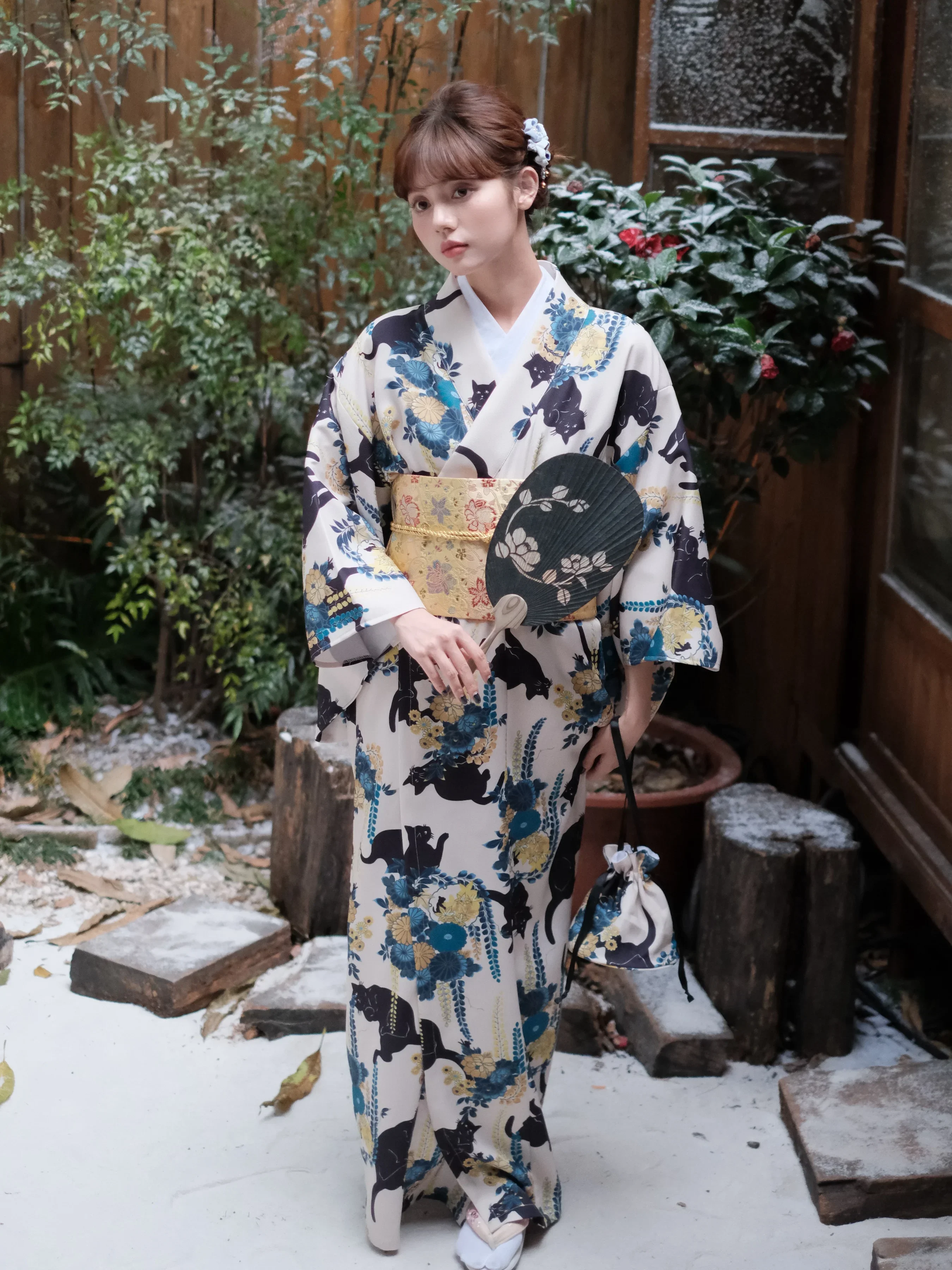 Women Japanese Kimono Quirky Cat Prints Modified Yukata Robe Traditional Performing Dress Cosplay Costume