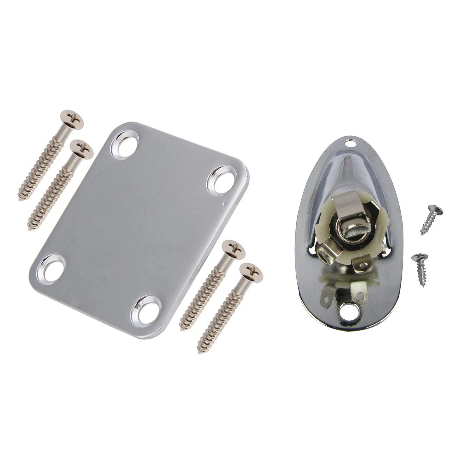 -A12R 1 Set Electric Guitar Neck Plate With Screws,Chrome & 1Pcs Guitar Jack 1/4 Inch Input Output Jack Plate Socket 6.35Mm