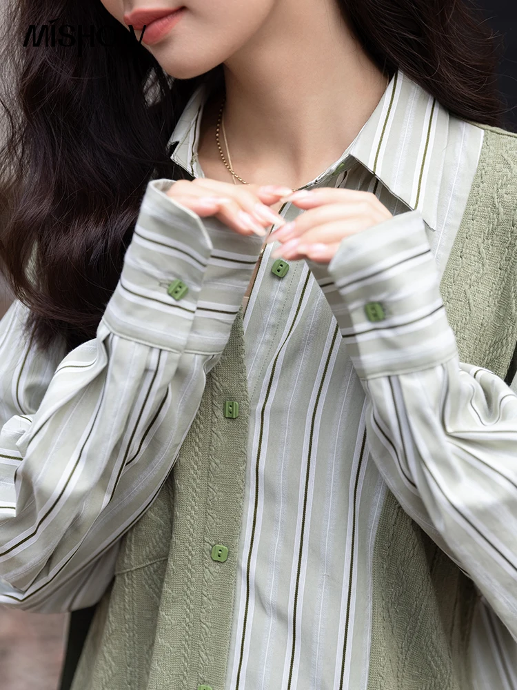 MISHOW Blouses Women Fashion 2024 Autumn Korean Knitted Patchwork Striped Turndown Collar Shirts Casual Female Tops MXB33C0551