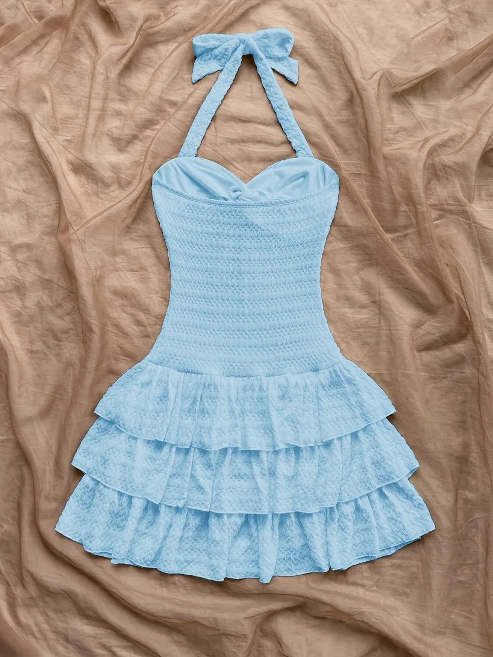 Süßes Minikleid für Damen, Neckholder, Gingham-Schleife, Knopfleiste vorne, Spitze, Rüschensaum, schmale Passform, einfarbig, Schleife, Lolita, Picknick, Sommer-Outfit – Detail 4