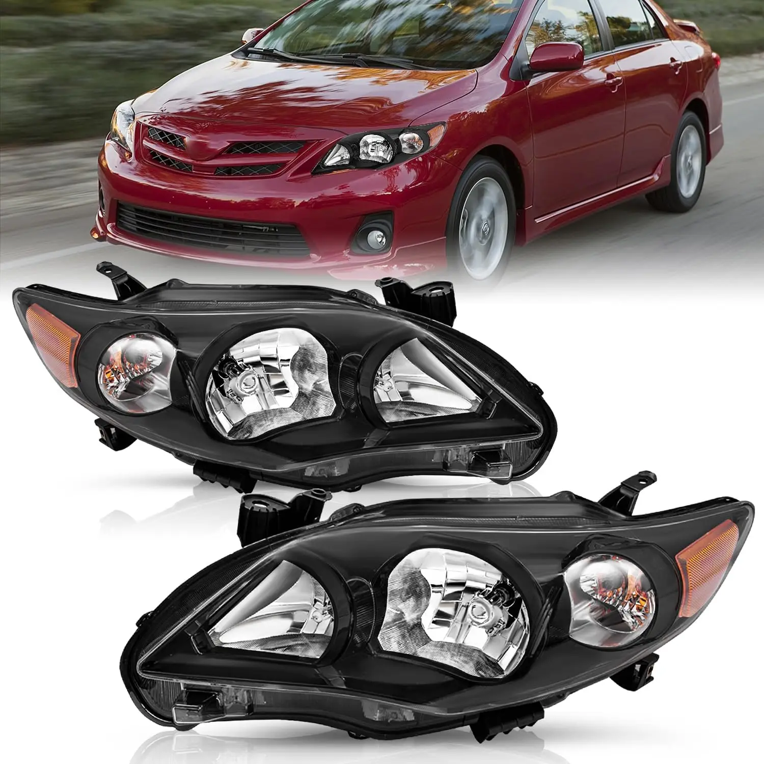

Headlight Assembly for 2011 2012 2013 Toyota Corolla 4-Door Headlamp 11 12 13 Replacement Headlights Black Housing with Amber Re