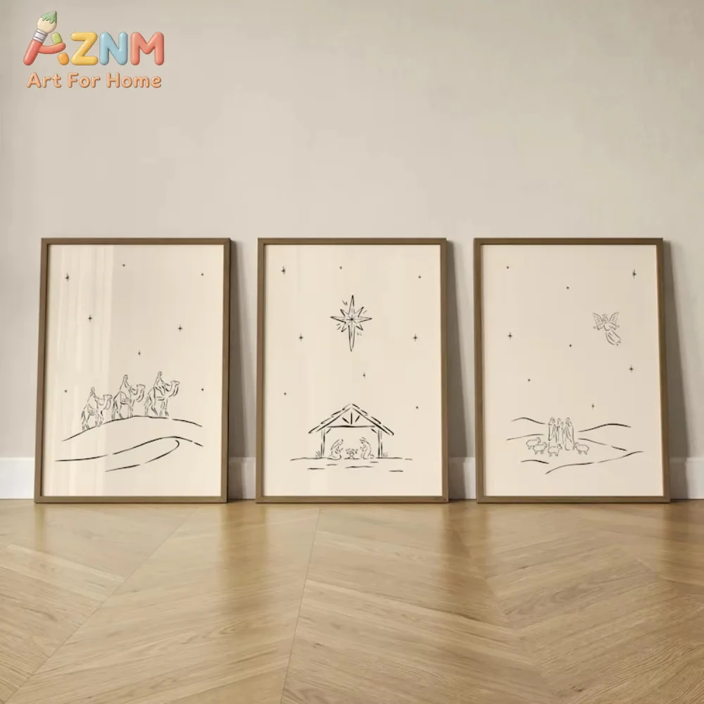 AZNM Nativity Scene Line Art Canvas Wall Art Frameless Print, Minimalist Christmas Religious Poster, Neutral Boho Home Decor Pic