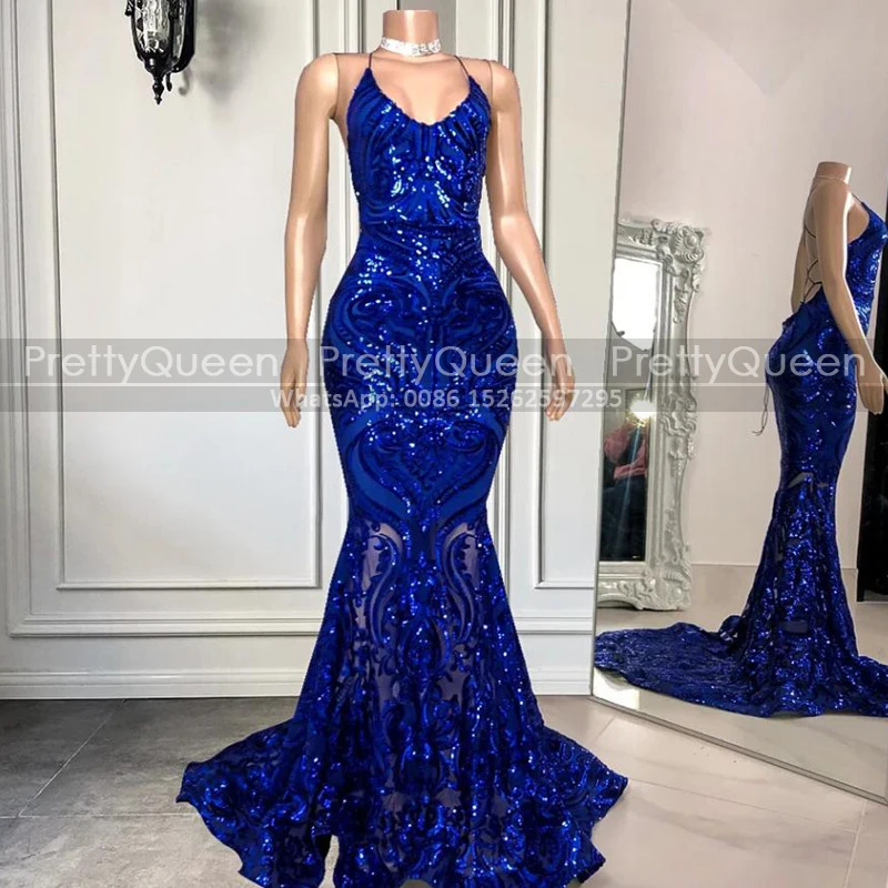 

Royal Blue Sequins Long Prom Dresses Mermaid Spaghetti Straps Criss Cross Back Customized Trumpet Reception Dresses Party