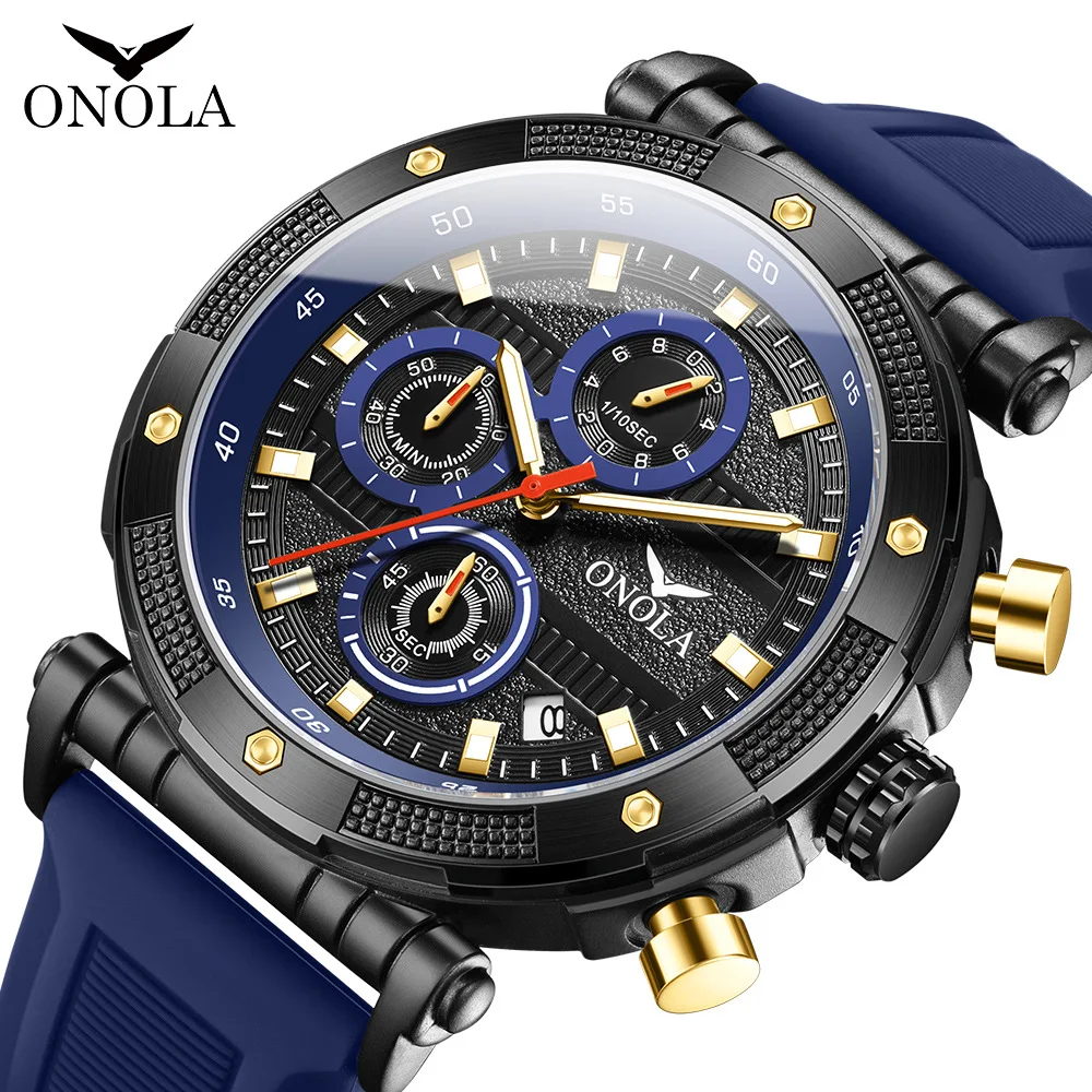 

2024 New ONOLA Sports Blue Watches Men Fashion Casual Rubber Silicone Strap Multifunctional Quartz Watch Man Relogio Masculino