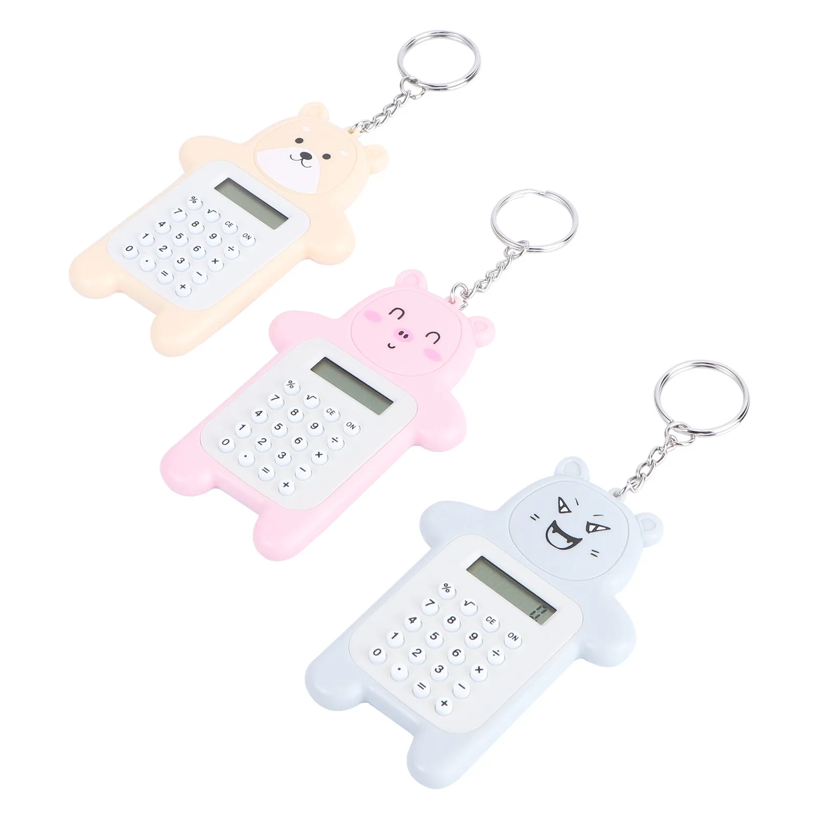 3Pcs Cartoon Bear Calculator Adorable Mini Plastic Buttons Keychain Key Ring Pendant Portable Pocket Calculator