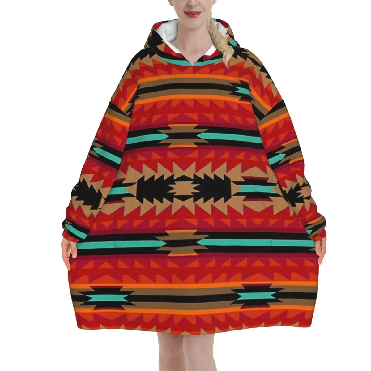 Southwestern Aztec Tribal Wearable Blanket Hoodie Warm Cozy Oversize Blanket Sweatshirt Thick Fleece Hooded Blanket with Pocket