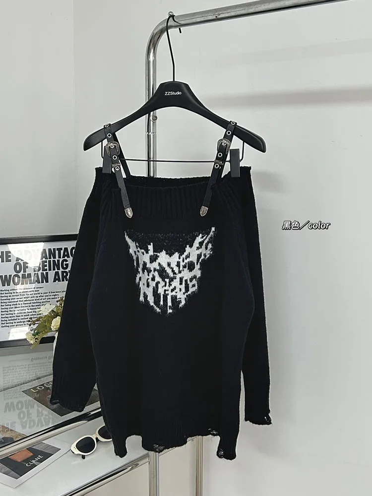 Fashion Simple High Street Knitted Sweater Tide Slash Neck Off Shoulder Pullovers Print Autumn Winter Streetwear Y2k Clubwear