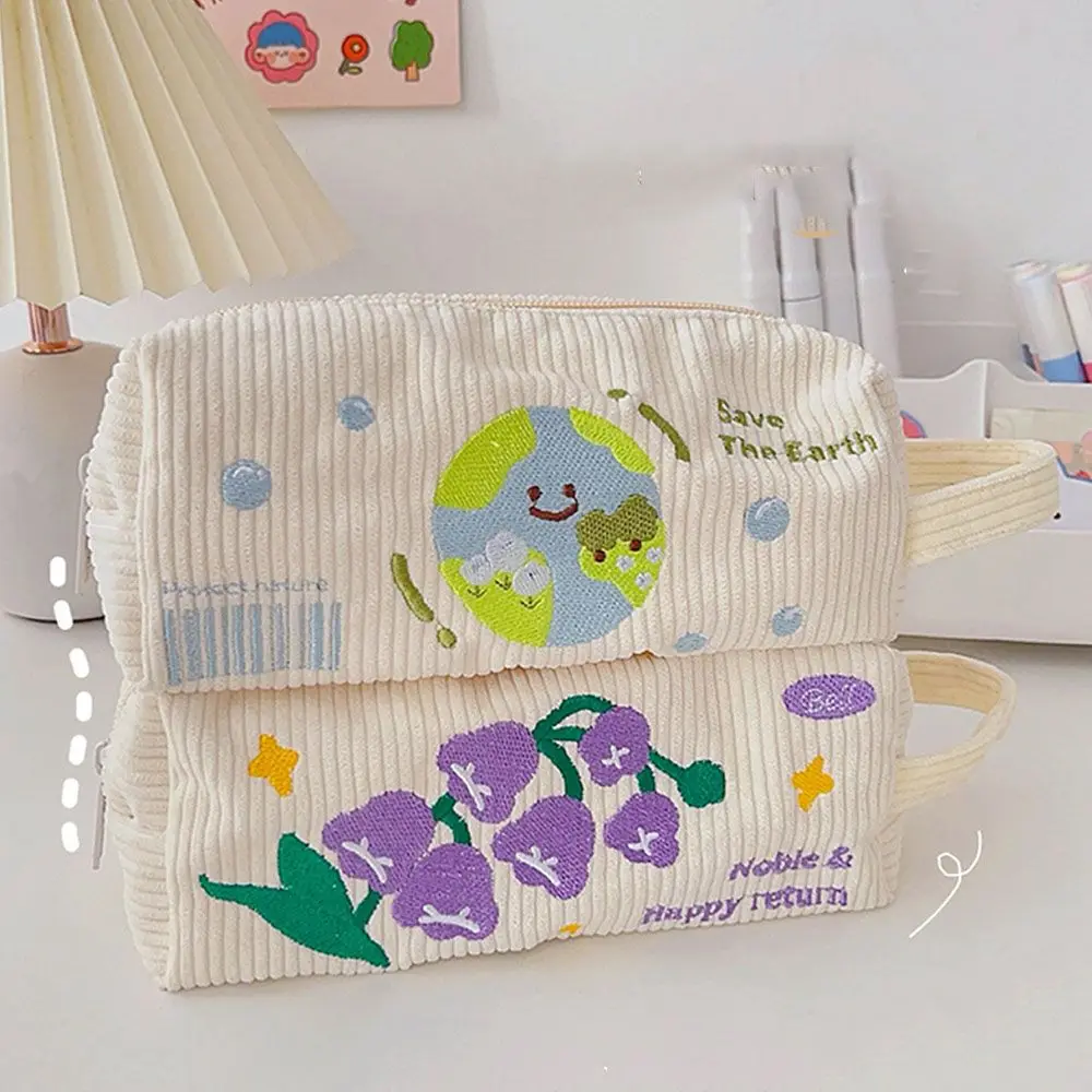 Korean Style Cute Soft Zipper Large capacity Stationery Pouch Corduroy Storage Bag Cosmetic Pouch Cartoon Pencil Box