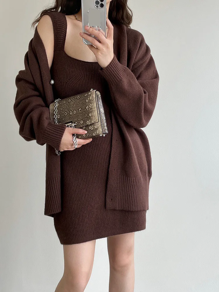 New Loose Single Buckle Sweater Cardigan Sling Dress Set Spring Autumn Hip Wrap Knitted Mini Dresses Two Piece Set For Women