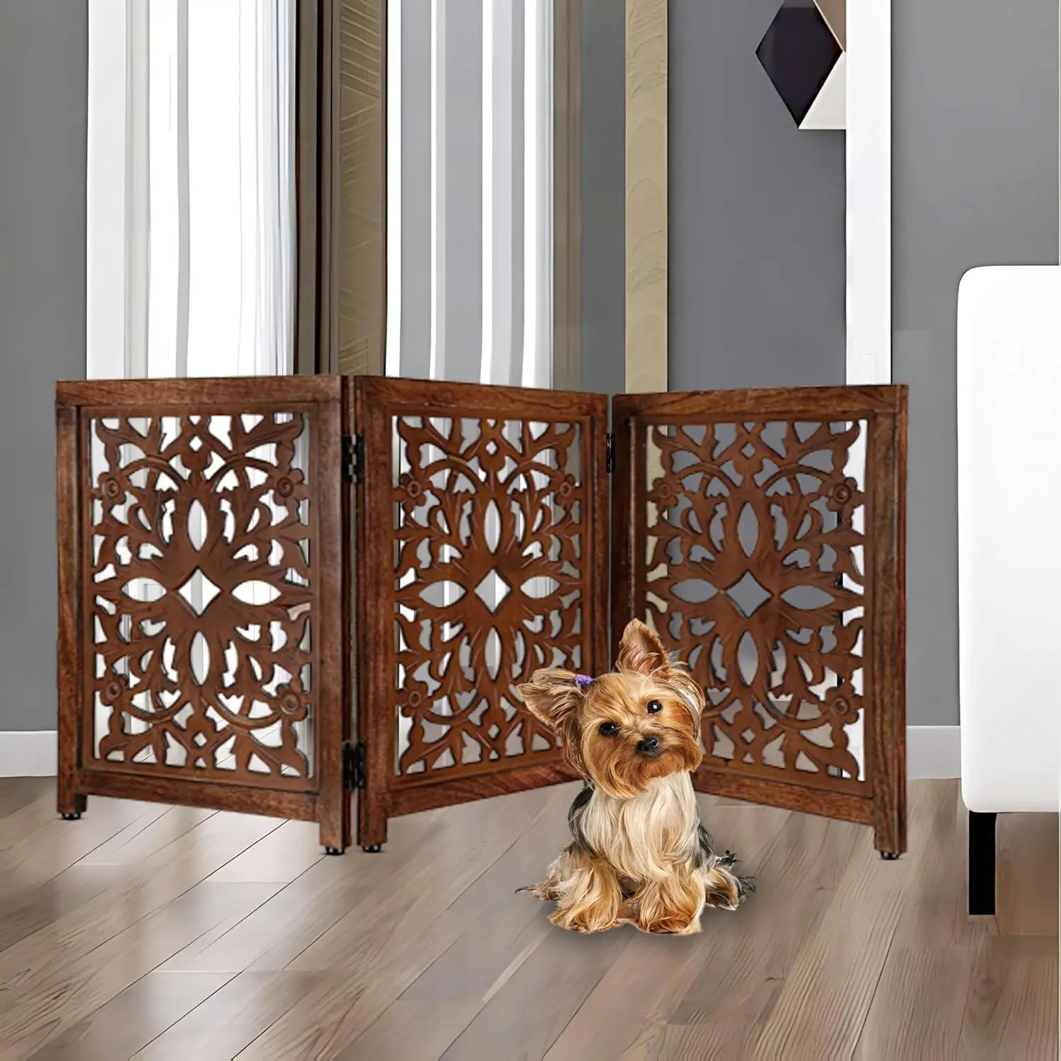 

Lightnpro Wooden Pet Gate - Foldable Carved Dog Gate, Extra-Wide Freestanding Indoor Safety Barrier for Dogs & Cats