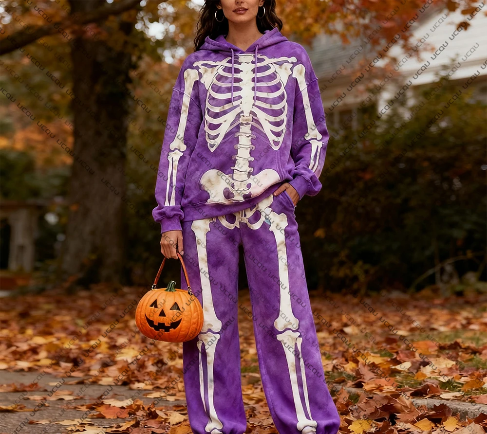 2025 هالوين جديد مقنعين البلوز وسراويل مجموعة مرعبة الهيكل العظمي موضة ثلاثية الأبعاد طباعة الشتاء الربيع مجموعة مهرجان فستان مجموعة #2