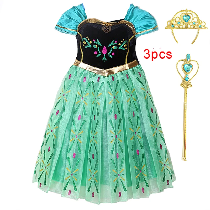 Girls Frozen Anna Green Princess Dress Kids Embroidery Flower Party Costume Mesh Material Short Sleeves Mid-Length For Beauty