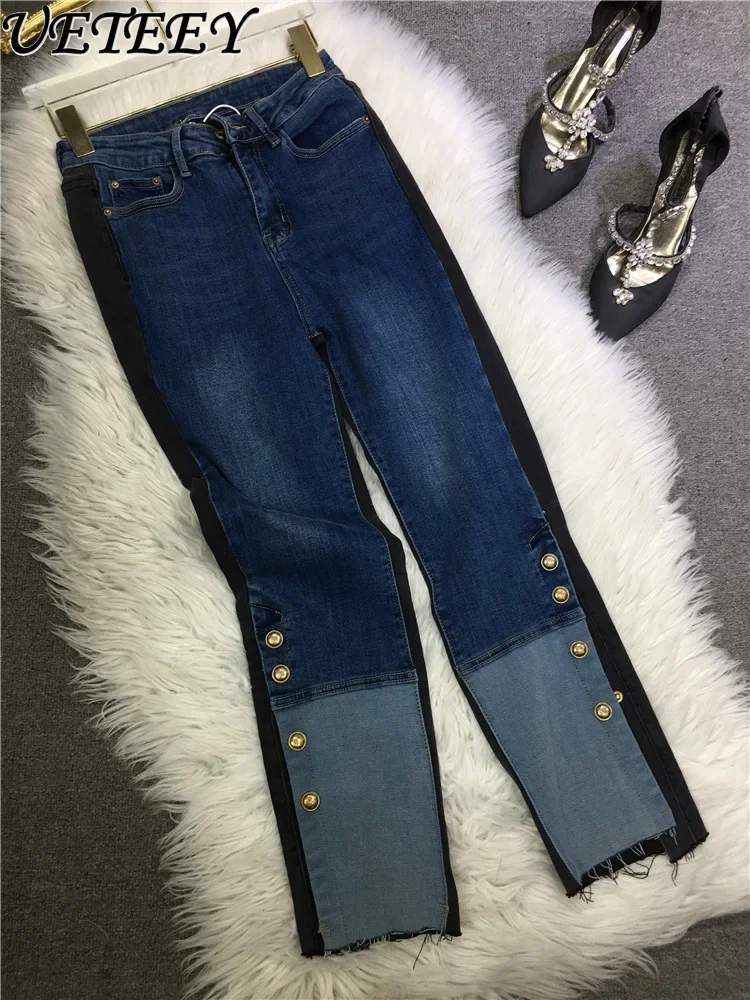 Heavy Industry Trousers Lower Open Buckle Eight-point High Waist Jeans Women Elastic Skinny Splicing Color Skinny Straight Pants