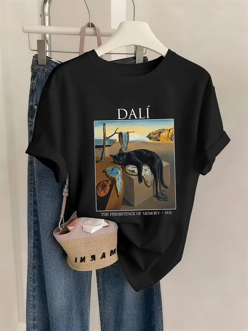 Dali's Memory Of The Persistent Black Cat T-Shirt Surreal Art Regular Fit Round Neck Polyester Fiber Casual Wear New Model 2026