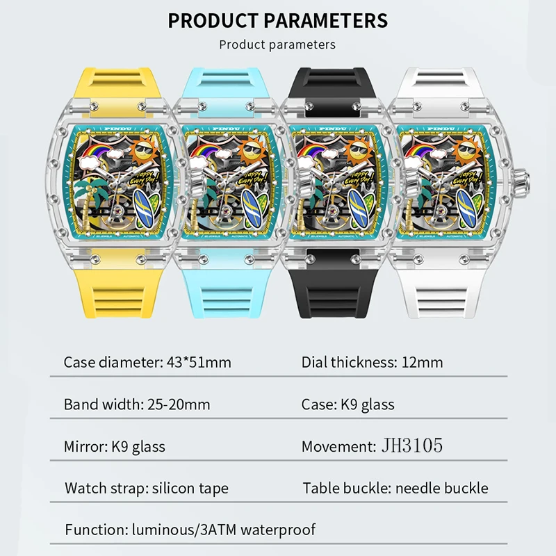 Il tema PINDU Watch Summer Beach combina il design di onde marine e l'atmosfera estiva con colori vivaci per l'orologio meccanico da uomo