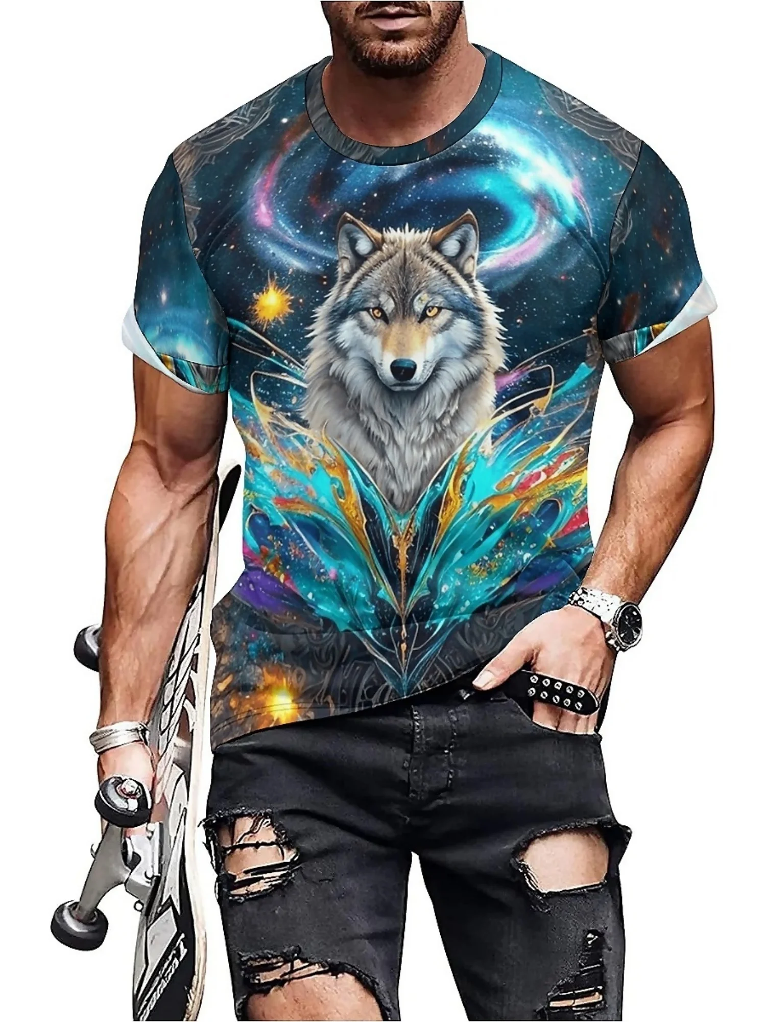 Camiseta de manga curta com estampa 3D de lobo legal e universo estrelado de fantasia, poliéster, macio e respirável