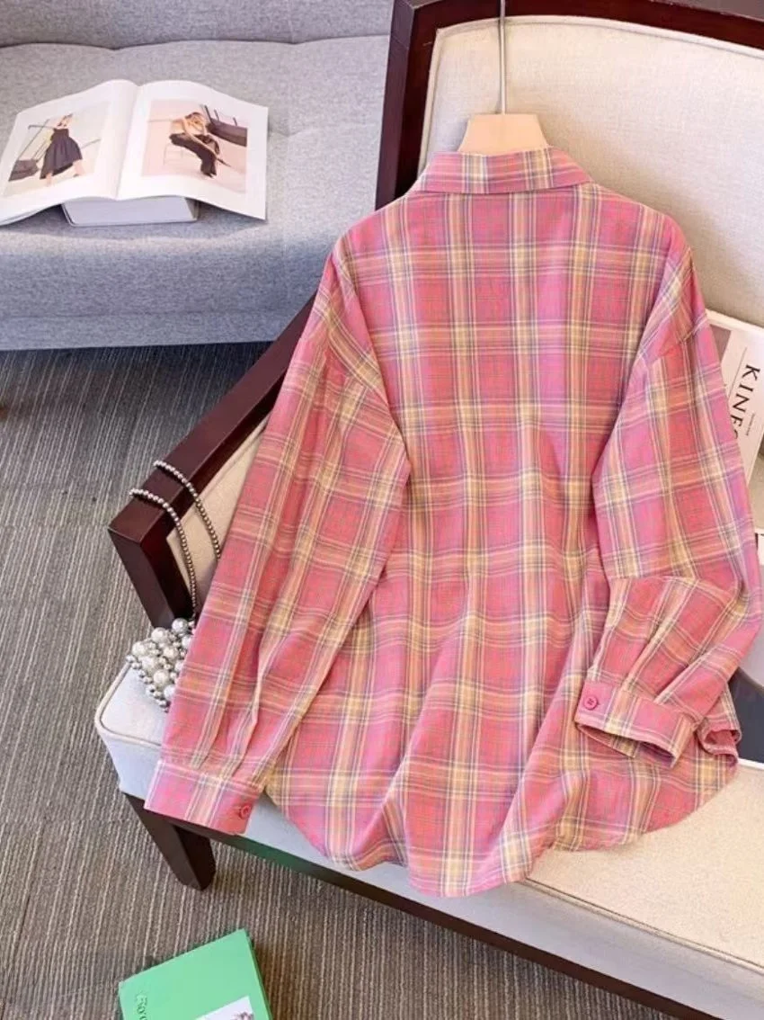 Csa Fena Xadrez Azul Fina Respirável Manga Longa Estilo Verão Casual E Design Coreano Solto Poliéster