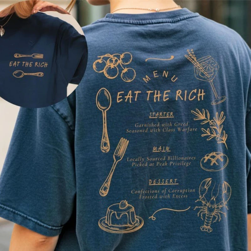 Eat The Rich Political Satire Cotton Tee Vintage French Bistro Summer Short Sleeve Cottagecore Protest Art Top Mens T Shirts