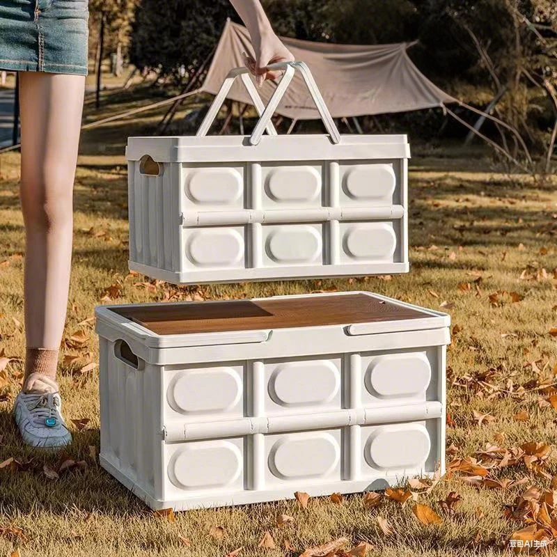 custom.Multifunctional Outdoor Folding Storage Box with Wooden Lid Camping Plastic Collapsible Storage Containers