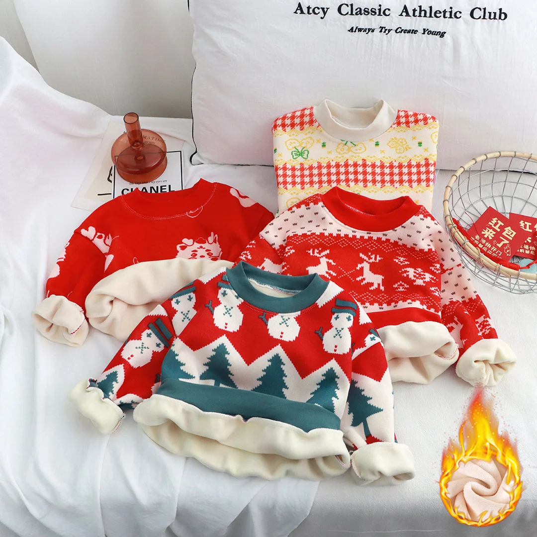 Children's sweater plus velvet T-shirt autumn and winter boys' Reindeer print for Christmas thickened pullover girls' warm sweat