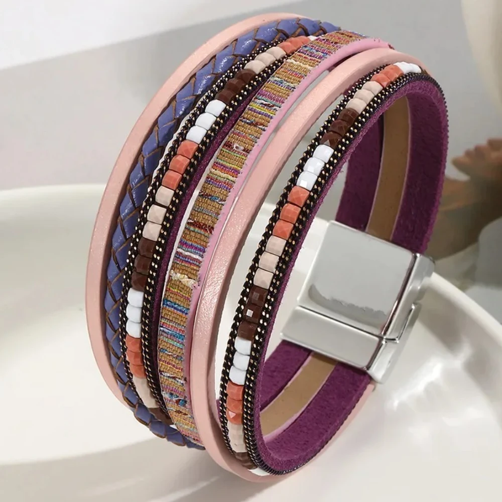 Fashion Leather Bracelets Bohemian Style Women's Multi Layer Wrapped Hand  Magnetic Buckle Bangle Wristband Jewelry