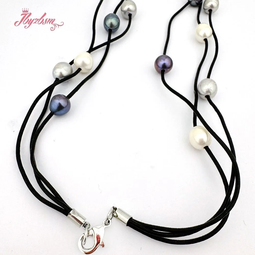 10-12mm Natural Oval Freshwater Pearl Stone Beads Handwork 15 Row Leather For Women Fashion Necklace Jewelry Magnet Clasp16\