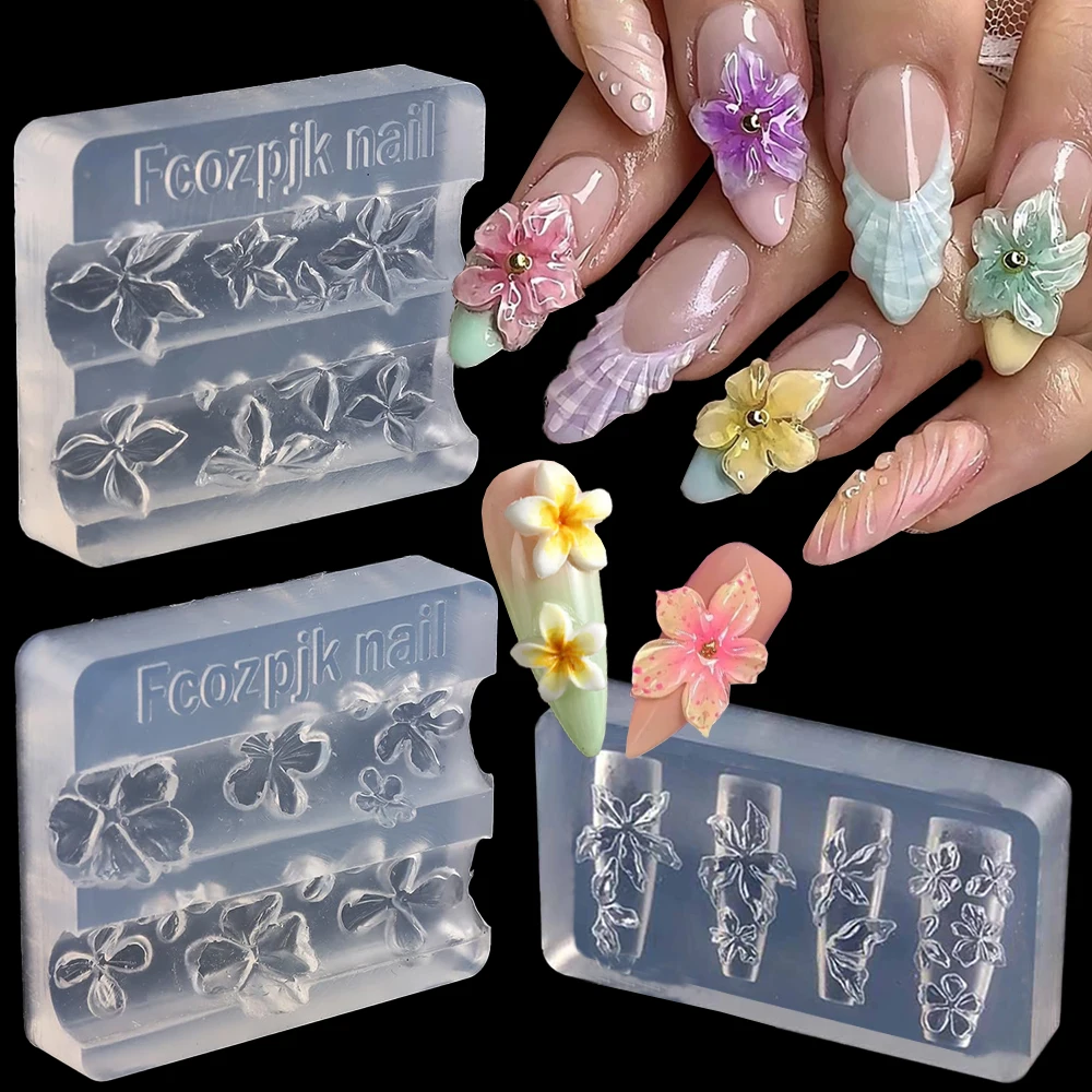 3D Flower Nail Art Silicone Stencil Carving Lily Plumeria Sakura Hawaii Hibiscus Petals Modeling Mold Nails Stencils with Tools#