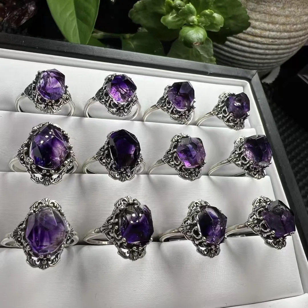 1Pc Fengbaowu Natural Purple Quartz Rutilated Super 7 Ring 925 Sterling Silver Irregular Reiki Healing Stone Jewelry Gift Women
