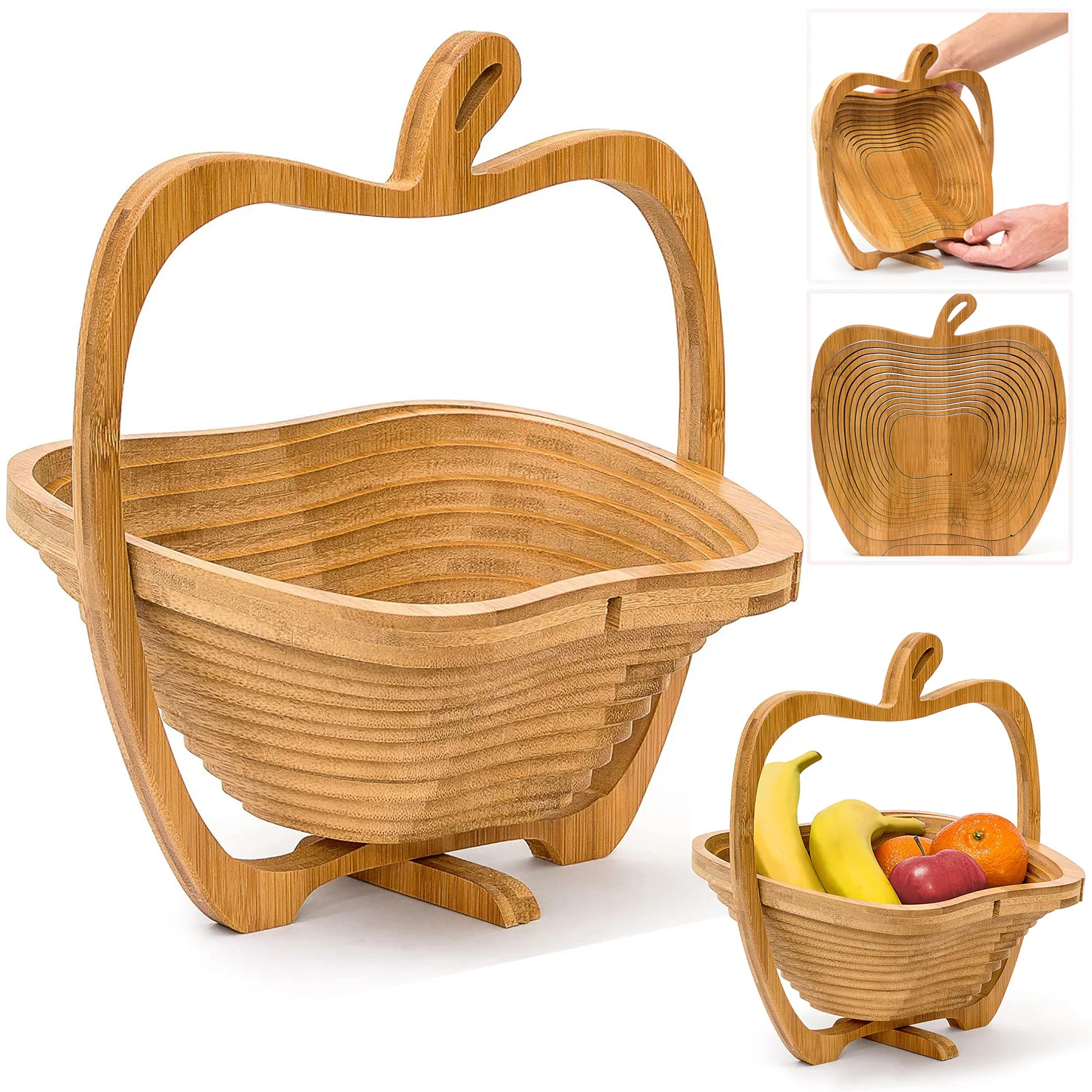 Cesto pieghevole a forma di mela: 30 x 27 x 22,5 cm. Cesto portafrutta pieghevole in bambù e tagliere, ciotola in legno a forma di mela, ideale per conservare frutta, verdura, pane e snack.