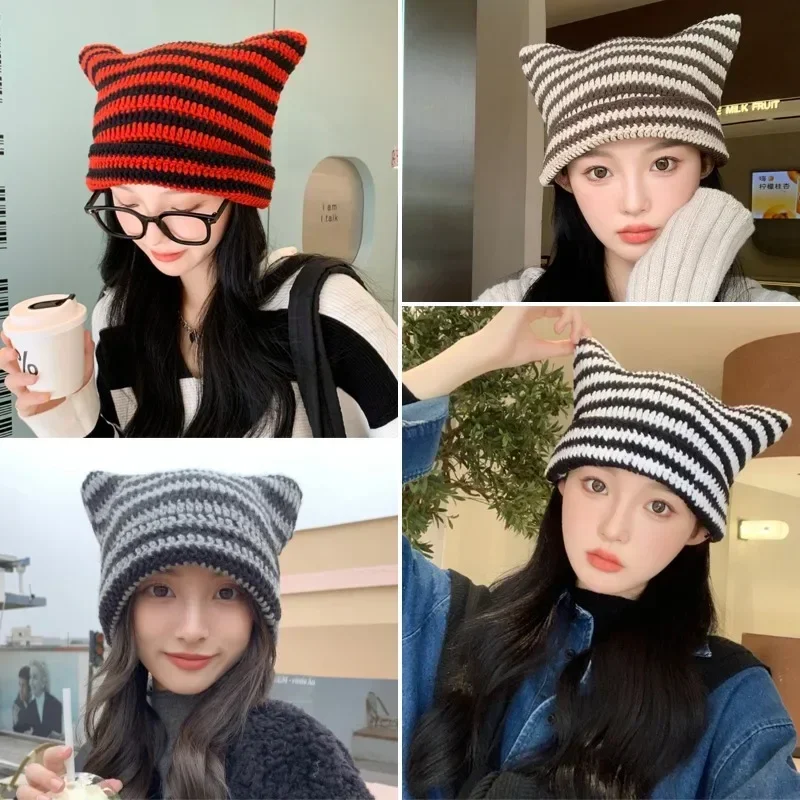 2023, jesienno-zimowa czapka w stylu Harajuku Little Devil Striped Knitted Hat Women Men Japanese Cute Cat Ears Cap Pointed Wool