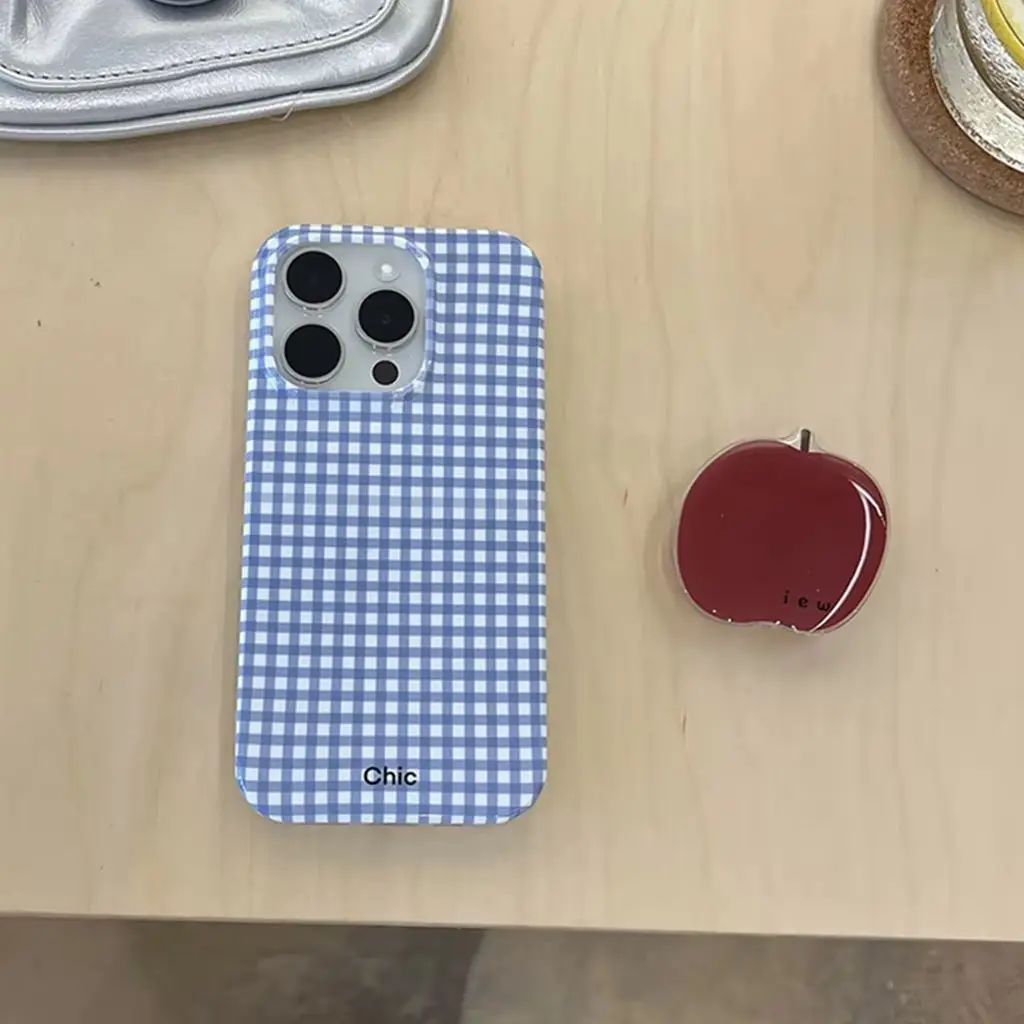 Ins Simplicity Blue Plaid Red Fruit With Holder Cover Case For iPhone 15 14 13 12 11 Pro Max Shockproof Protective Phone Case