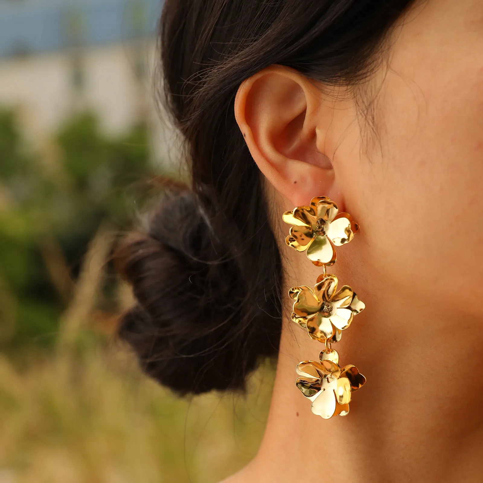 

Women Triple Flower Earrings, Boho Charm Long Floral Dangle Earrings Statement Jewelry Gifts