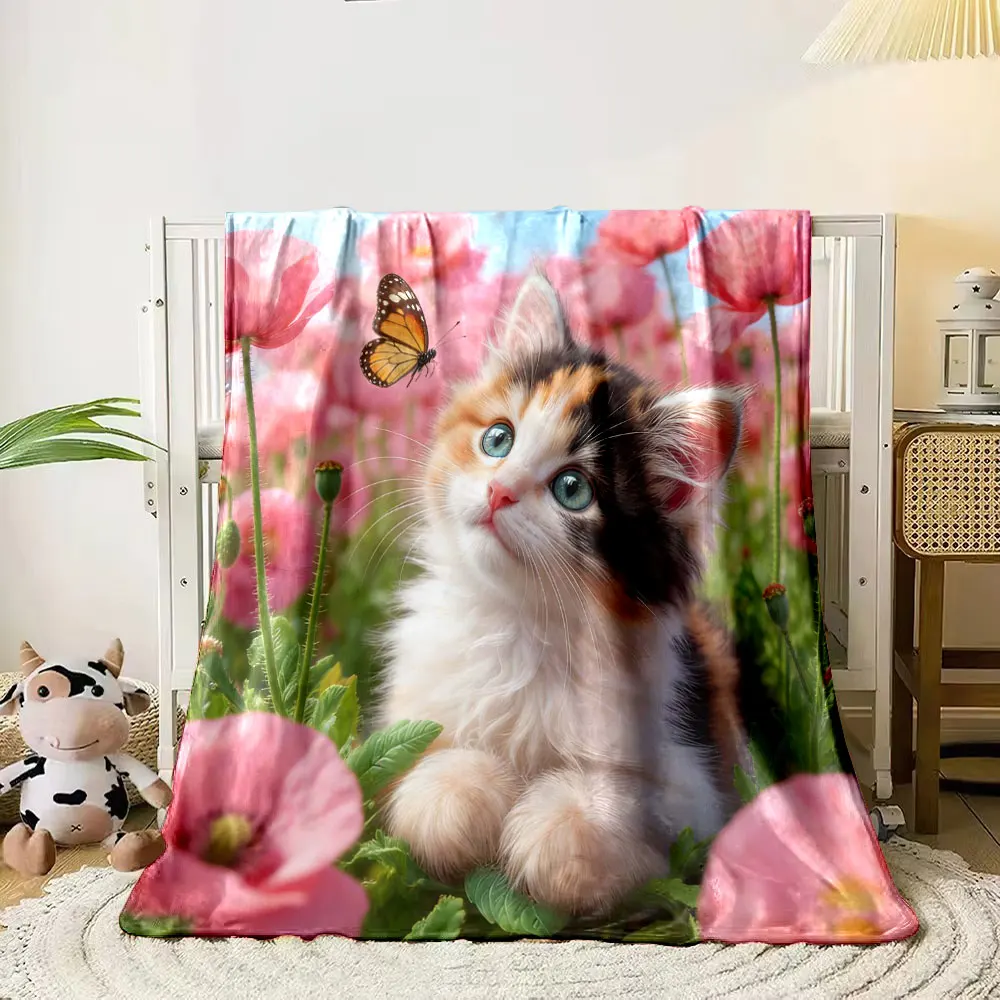 1PC Cats Surrounded By Flowers Printed Blanket Soft and Comfortable Home Travel Blanket Adult and Child Warm Blanket Sofa