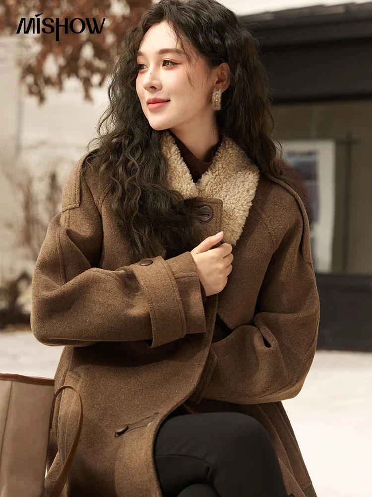 MISHOW Winter Thick Woolen Long Coat for Women 2023 Loose Warm Female Overcoats Lamb Fur Collar Coats Woman Clothing MXC55W0142